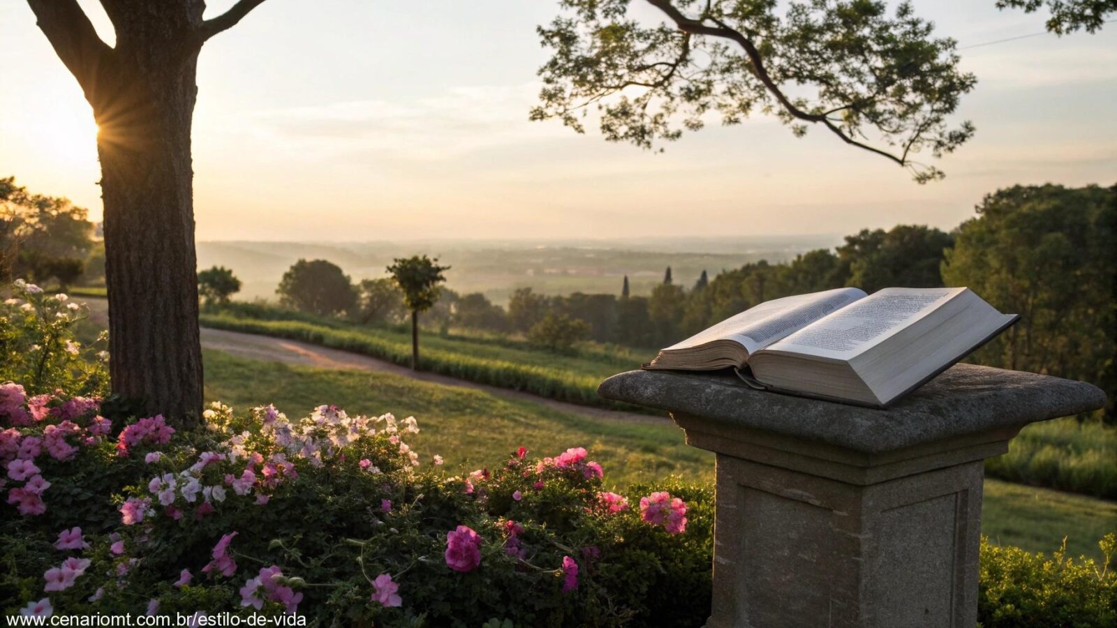Paisagem serena ao nascer do sol com um livro aberto em um pedestal de pedra, cercado por flores desabrochando e luz suave filtrando pelas árvores