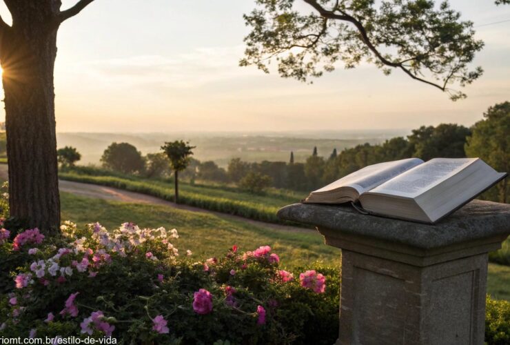 Paisagem serena ao nascer do sol com um livro aberto em um pedestal de pedra, cercado por flores desabrochando e luz suave filtrando pelas árvores