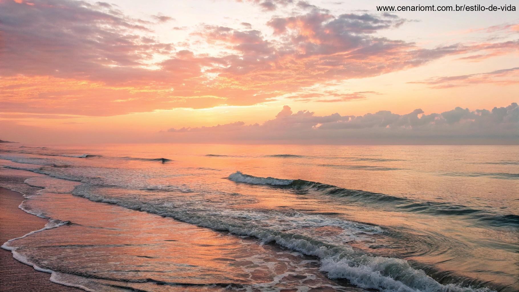Um lindo nascer do sol sobre o oceano calmo, com ondas suaves batendo na praia, evocando esperança e renovação.
