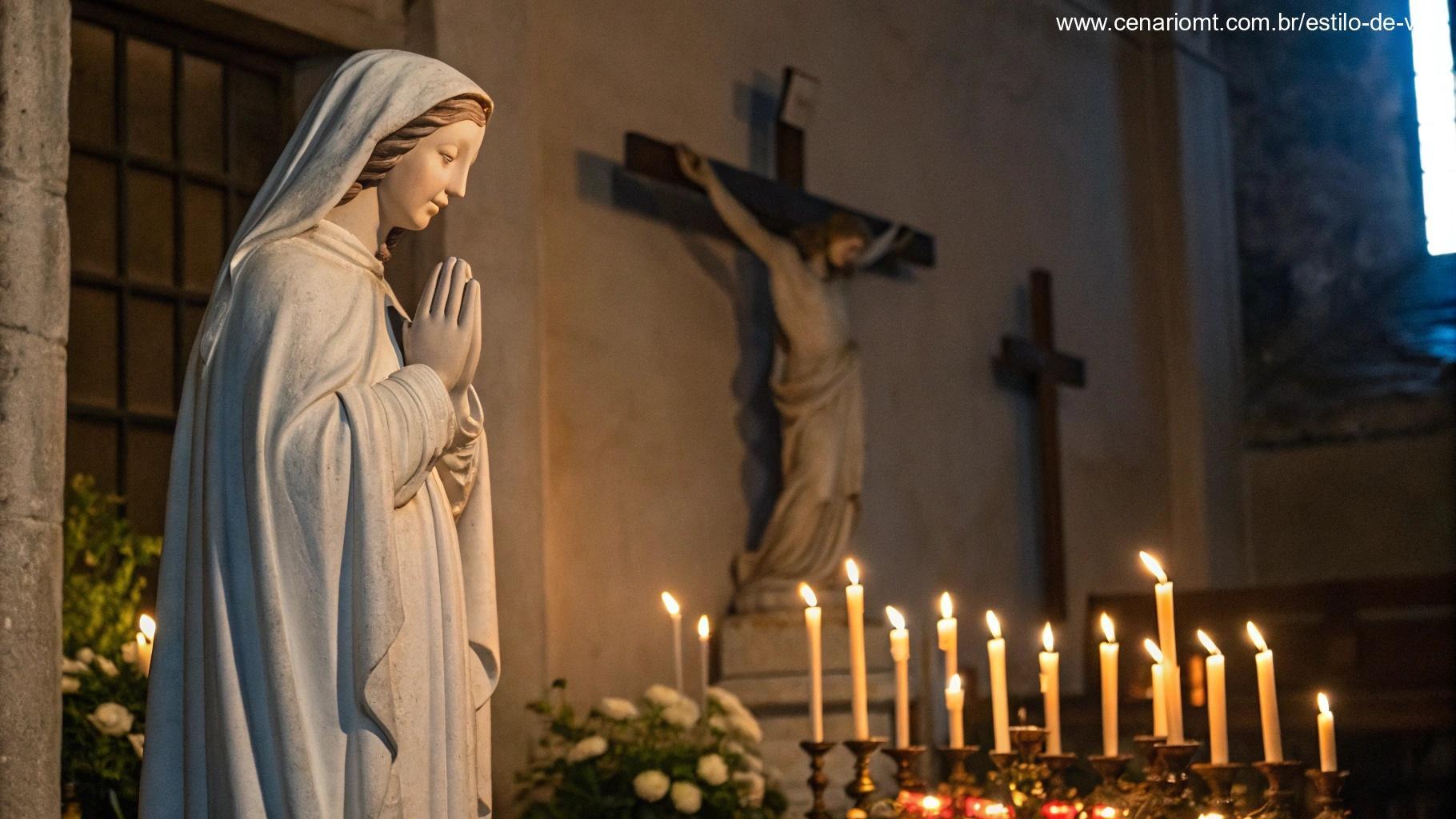 imagem tranquila de um santo em pose de oração, rodeado por velas e luz suave, simbolizando a santidade do dia