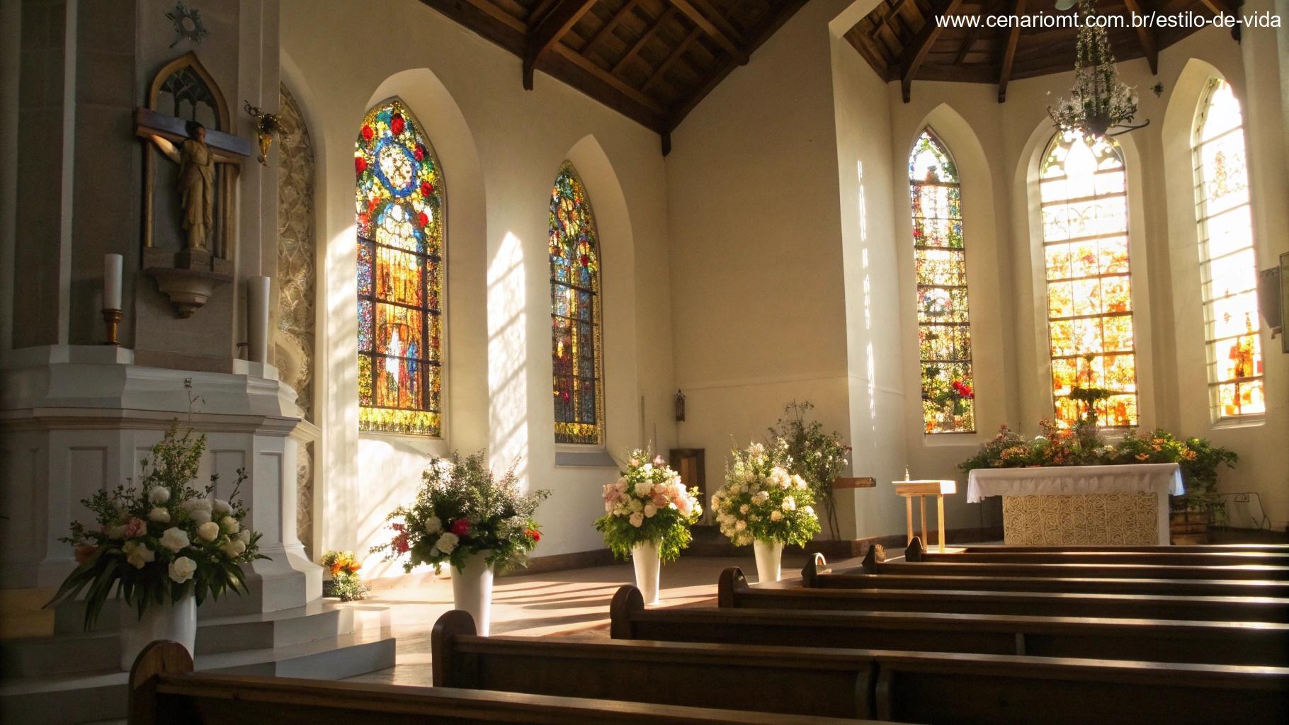 Igreja tranquila com flores no altar, representando a celebração e reflexão do Santo do Dia em 12 de março de 2025.