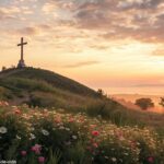 Paisagem serena ao nascer do sol com uma cruz no topo de uma colina, cercada por flores desabrochando e luz suave