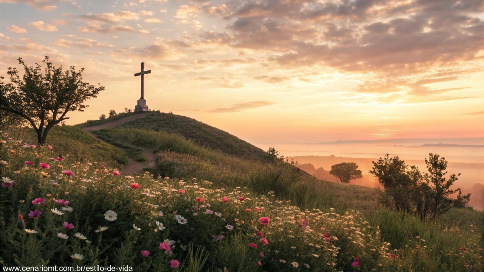 Paisagem serena ao nascer do sol com uma cruz no topo de uma colina, cercada por flores desabrochando e luz suave