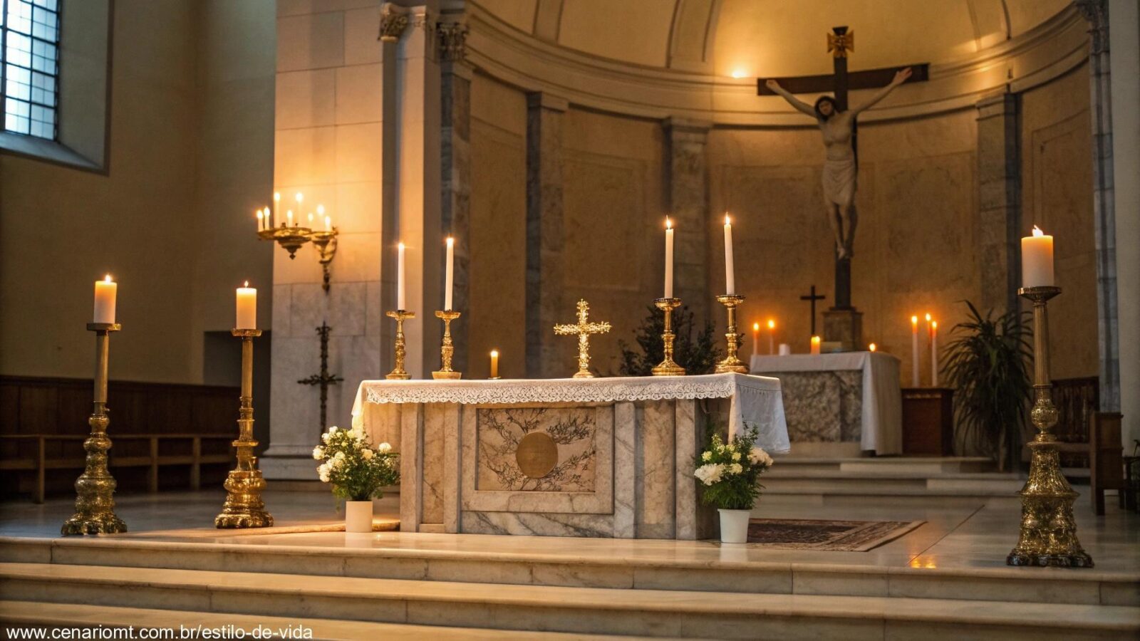 Cena pacífica de um altar de igreja com velas acesas, celebrando o Dia Internacional da Mulher com foco na fé e devoção.