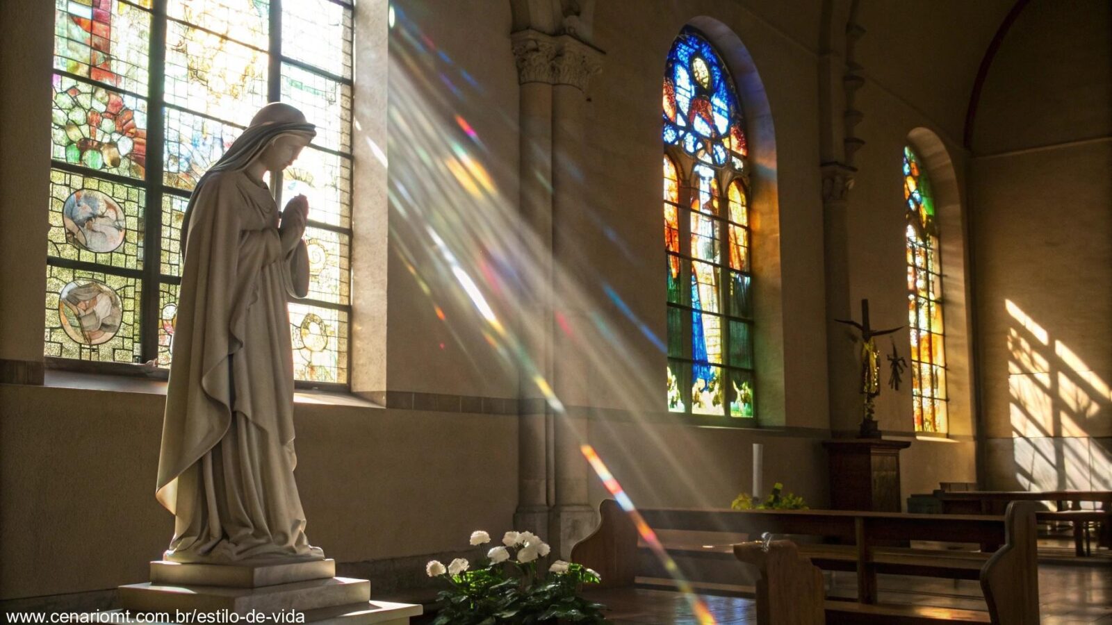 Imagem serena de uma estátua de santo em um ambiente tranquilo de igreja, com luz filtrando pelas janelas de vitrais, criando uma atmosfera reflexiva.