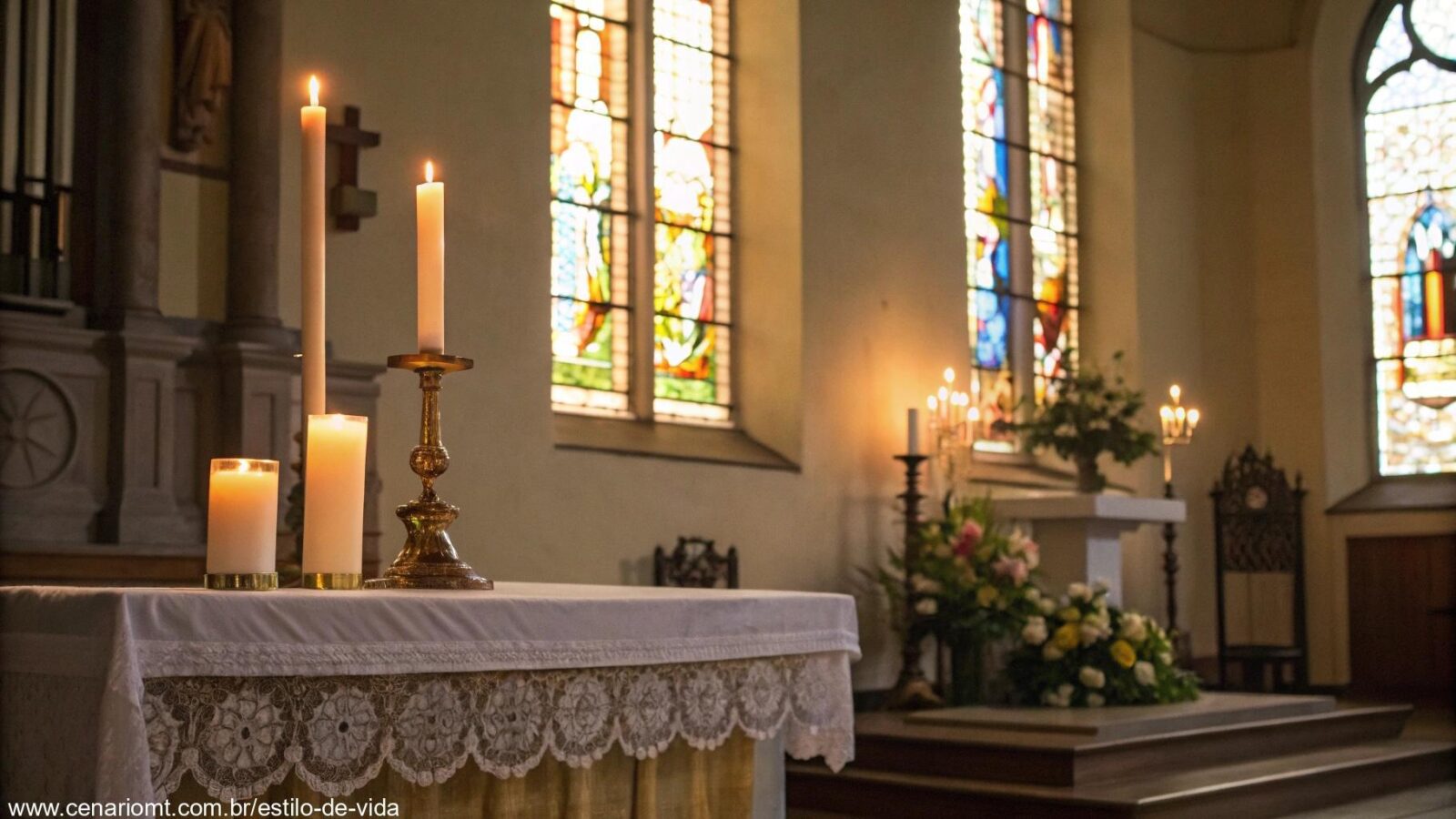 Imagem serena e tranquila de um altar de igreja com velas acesas e uma luz suave entrando pelas janelas de vitral, simbolizando reflexão e oração para o Santo do Dia.