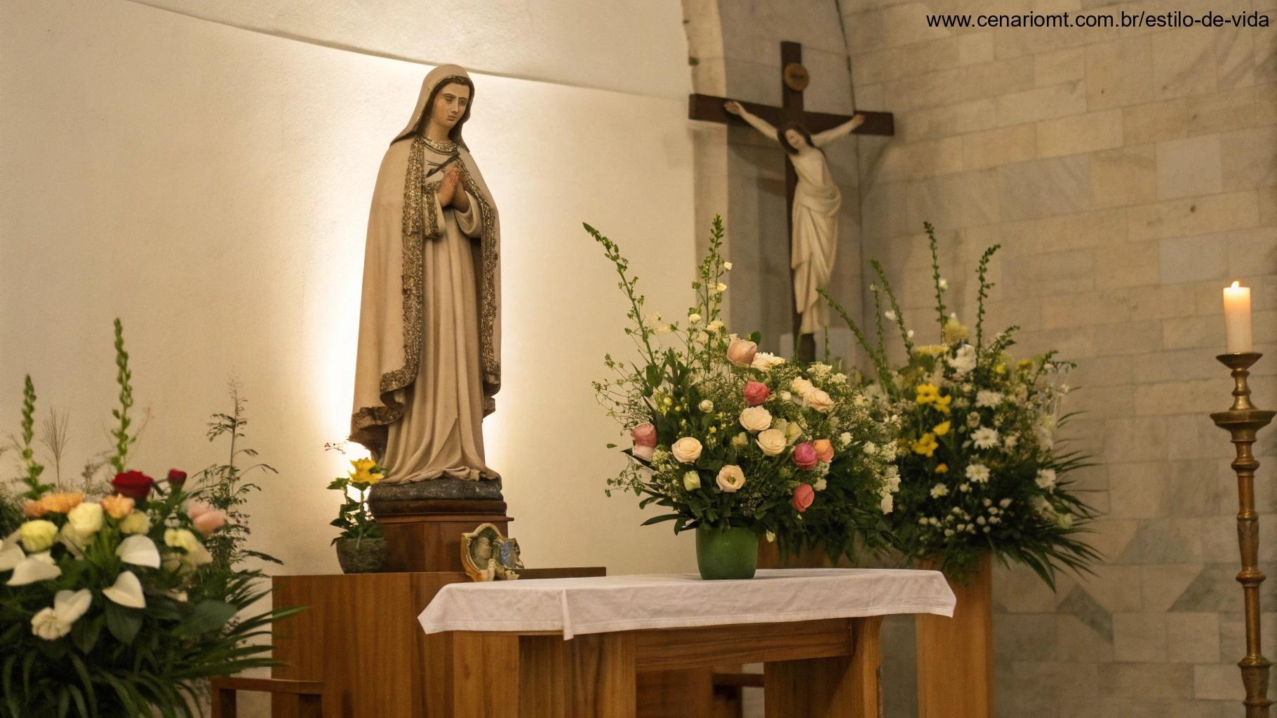 Imagem de uma estátua de santo sobre um altar simples de madeira, rodeada por flores e luz suave, transmitindo uma sensação de santidade e reverência.