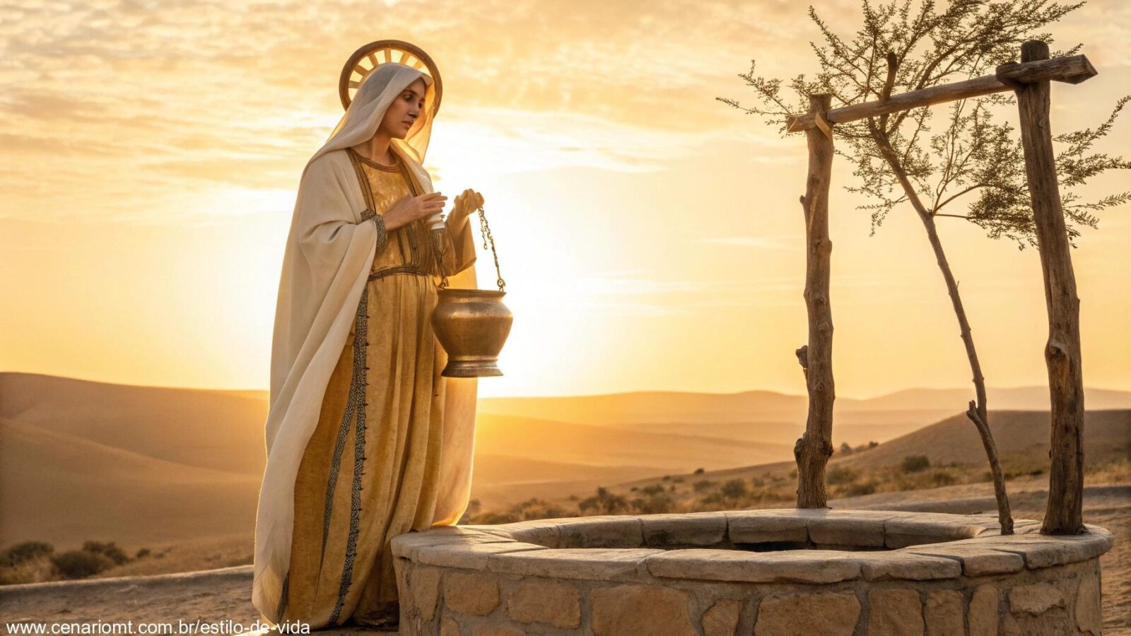 Imagem de Santa Fotina, a mulher samaritana no poço, com um jarro de água, sob uma luz dourada.