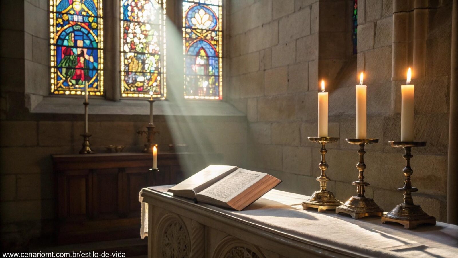 Imagem de um altar de igreja com velas acesas, luz suave filtrada por vitrais e uma Bíblia aberta, criando uma atmosfera de devoção e reflexão.