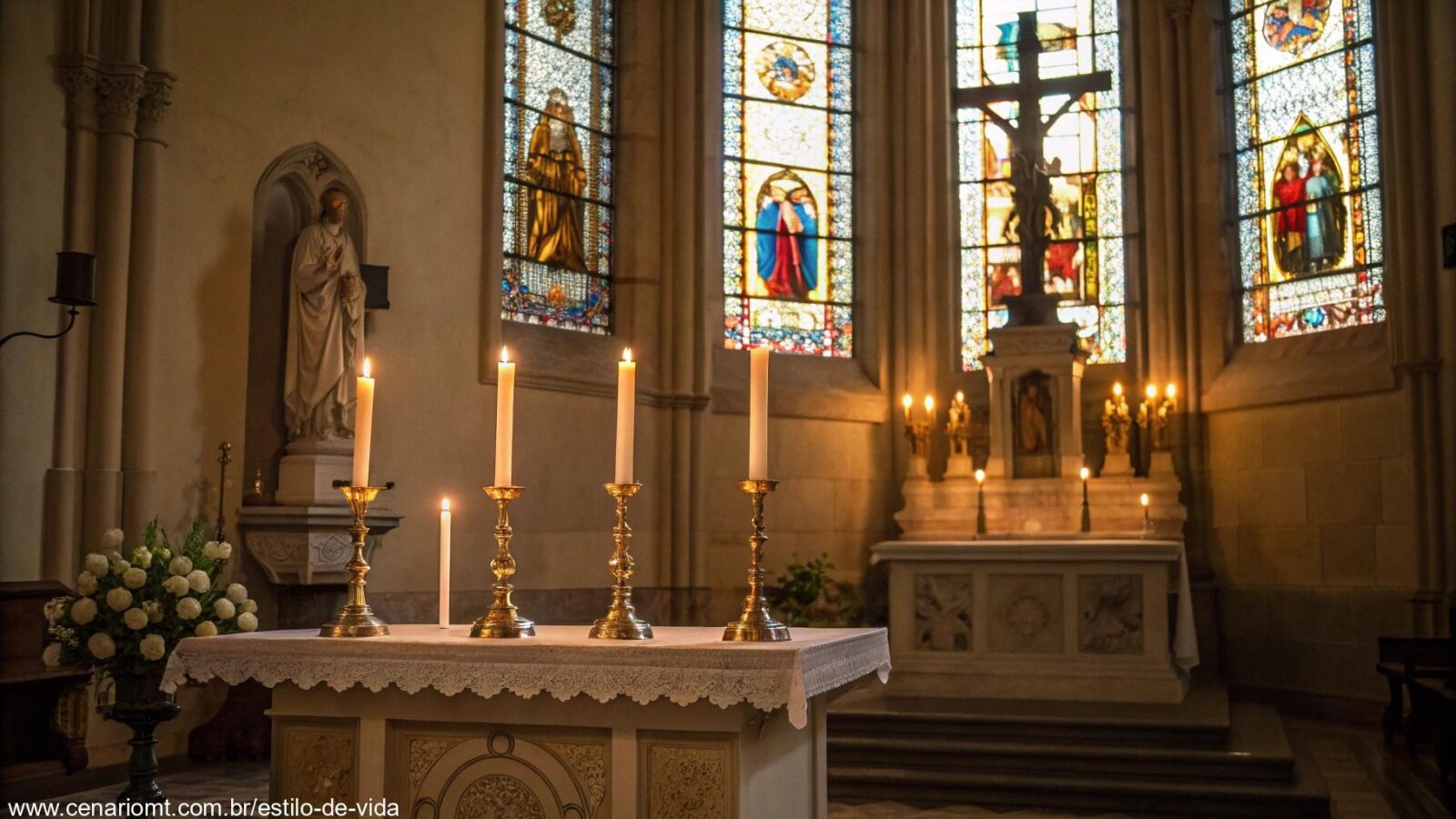 Imagem de um altar de igreja com velas acesas, luz suave filtrando pelas janelas de vitral, simbolizando a reflexão e oração do dia de uma festa religiosa.