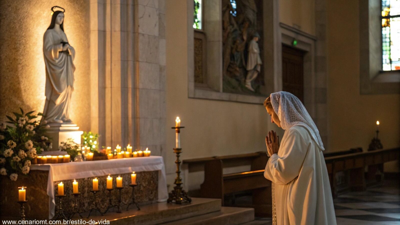 Cena tranquila de um santo orando em um ambiente sereno de igreja, com luz suave iluminando a figura, rodeada por velas e símbolos religiosos.