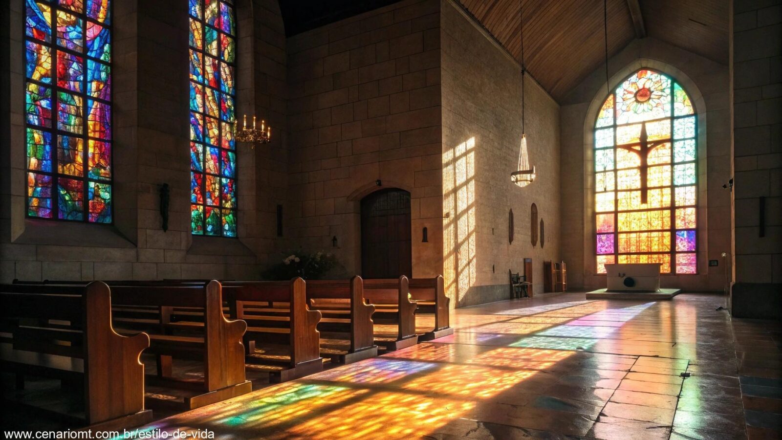 Reflexão tranquila sobre fé e espiritualidade com luz suave entrando por uma janela de vitral