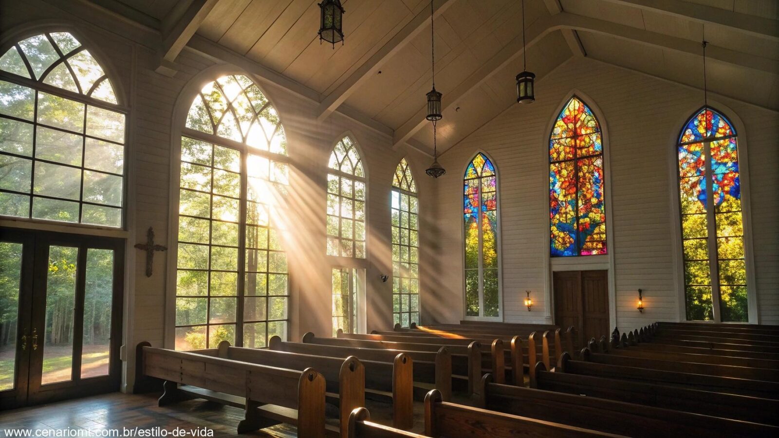 imagem de uma igreja serena e tranquila numa manhã de segunda-feira, com luz entrando pelas janelas de vidro colorido, representando reflexão e liturgia