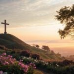 Paisagem serena com uma cruz brilhante no topo de uma colina, cercada por flores desabrochando e um nascer do sol tranquilo