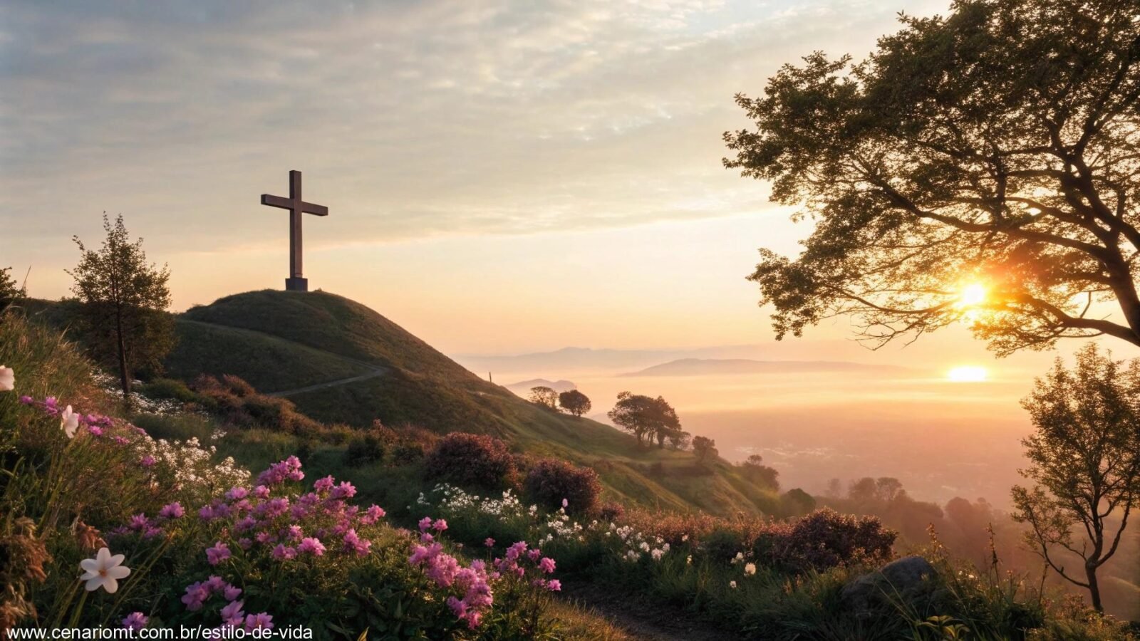 Paisagem serena com uma cruz brilhante no topo de uma colina, cercada por flores desabrochando e um nascer do sol tranquilo