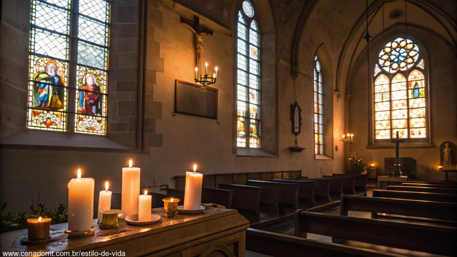 Igreja serena com velas e luz suave passando pelas janelas de vitrais
