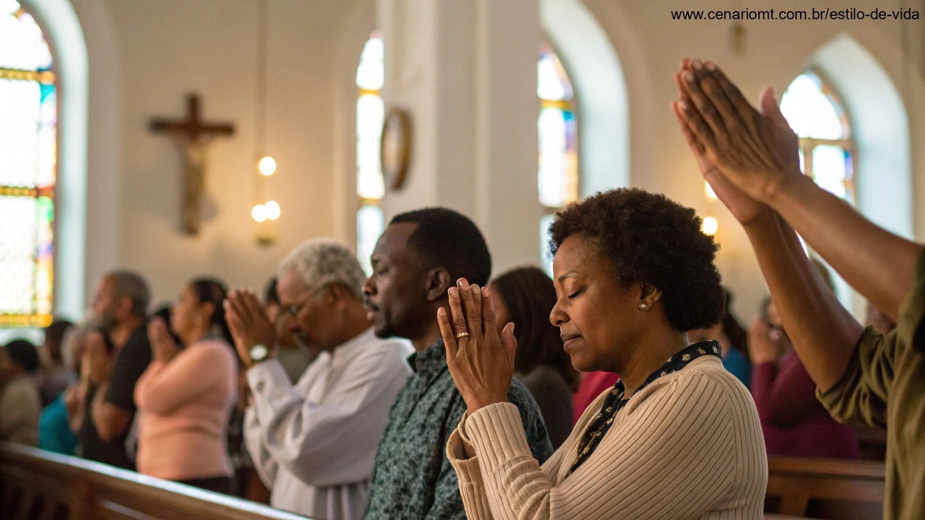 Grupo de pessoas orando na igreja, com as mãos levantadas em um momento de devoção, 14 de março de 2025.