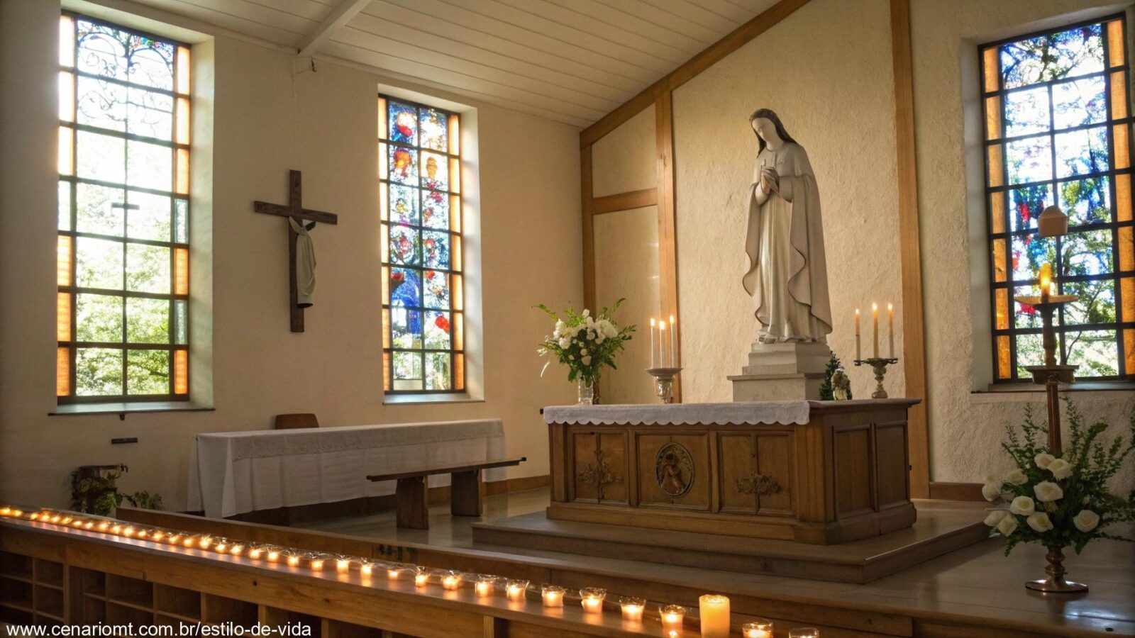 Imagem de uma capela católica tranquila, com um altar de madeira e uma estátua de santo. A cena tem um ambiente reflexivo com luz suave entrando pelas janelas de vitrais.
