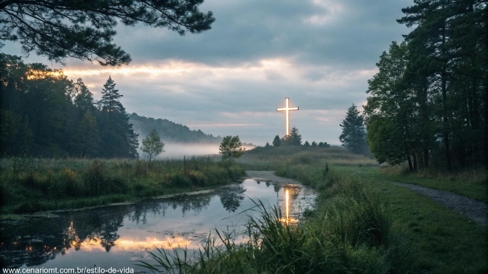 Paisagem serena com uma cruz brilhante ao fundo, cercada por luz suave e natureza tranquila, evocando reflexão e inspiração
