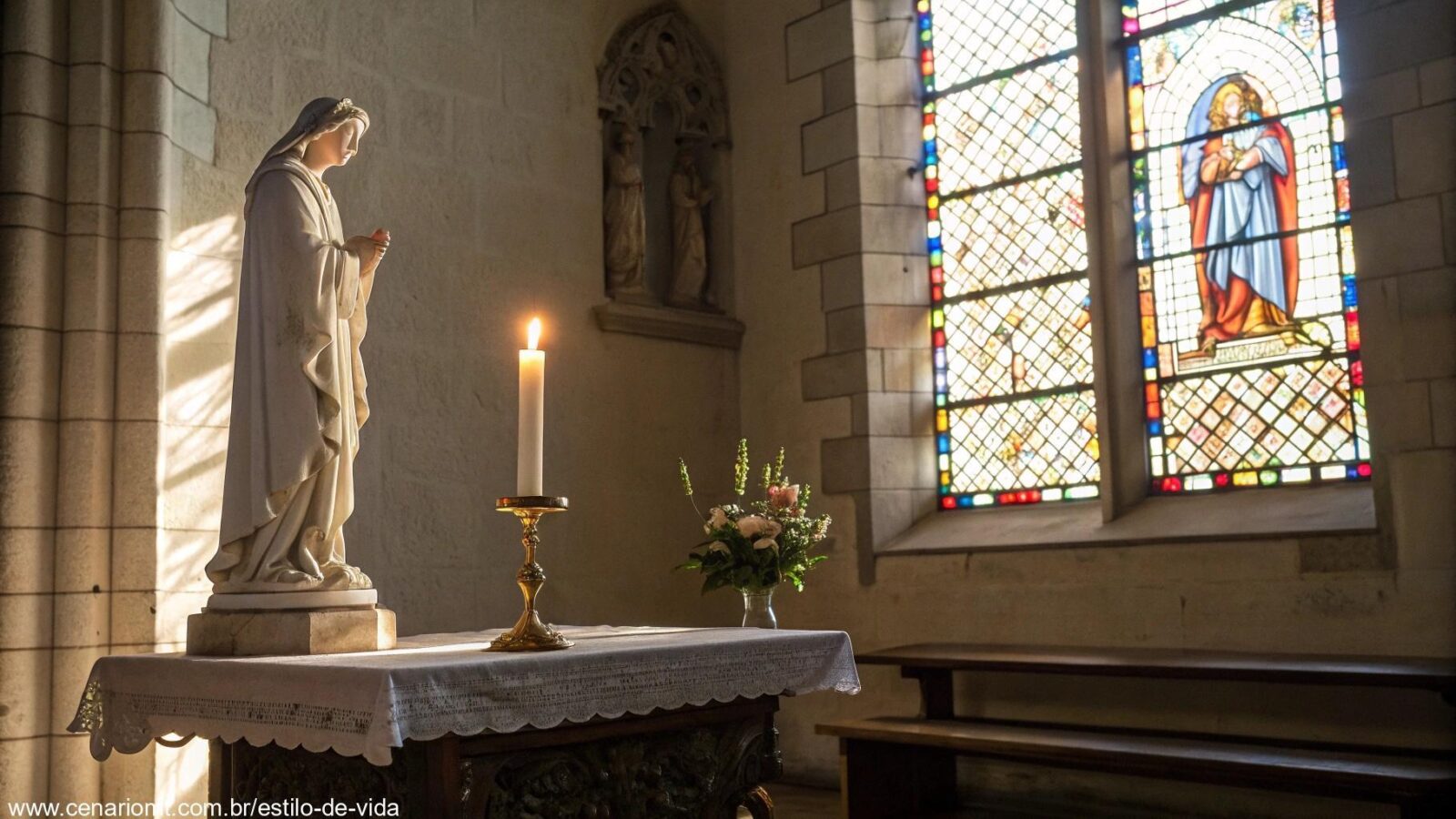 Altar de igreja sereno com uma vela, uma pequena estátua de um santo e luz suave filtrando pelas janelas de vitral.