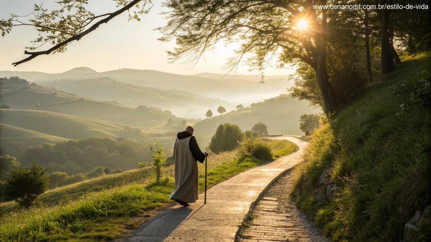 Imagem de um santo caminhando em um caminho iluminado pelo sol.