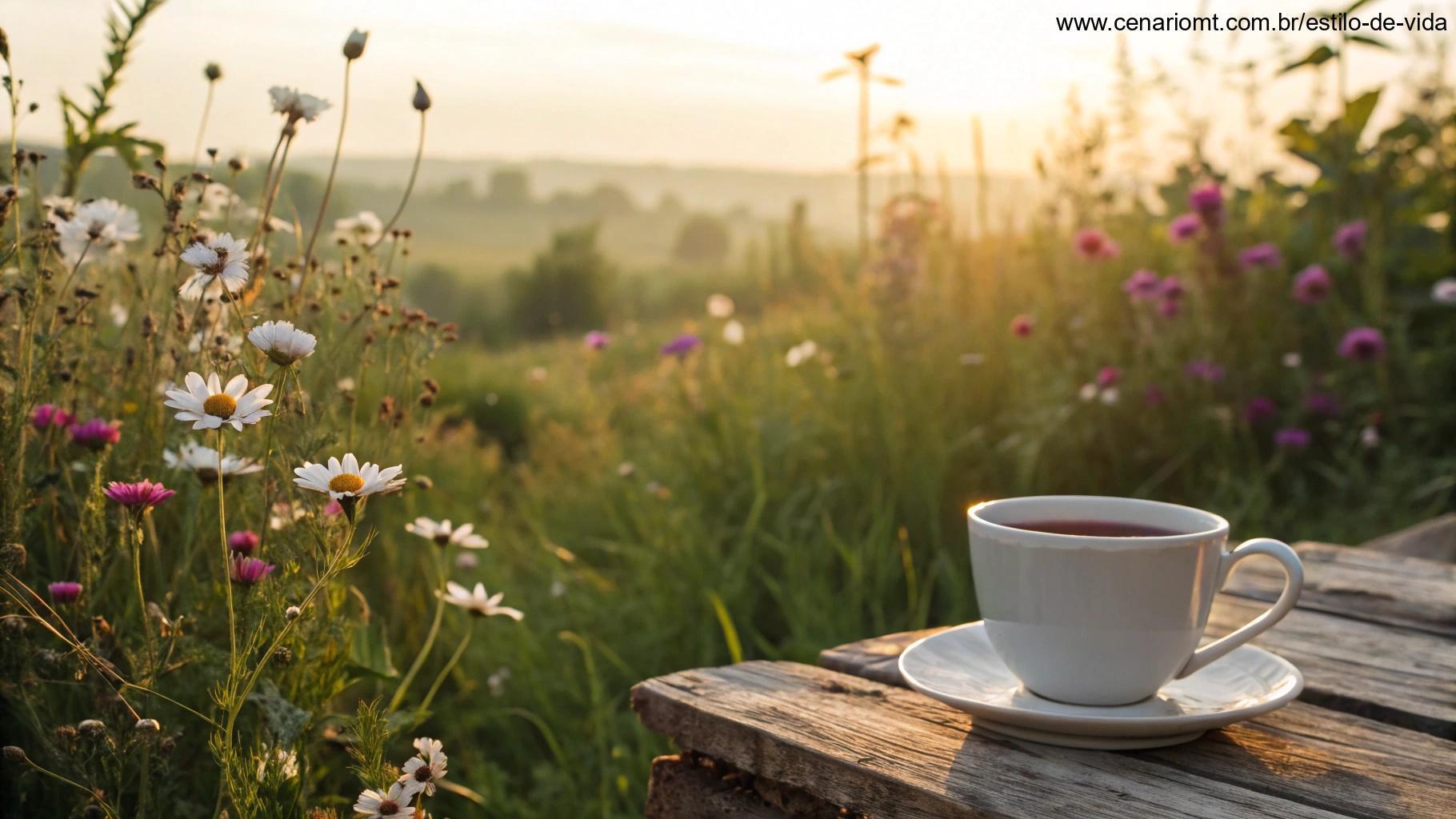 Paisagem serena de uma manhã de sexta-feira com flores, luz dourada e uma xícara de chá transmitindo esperança.