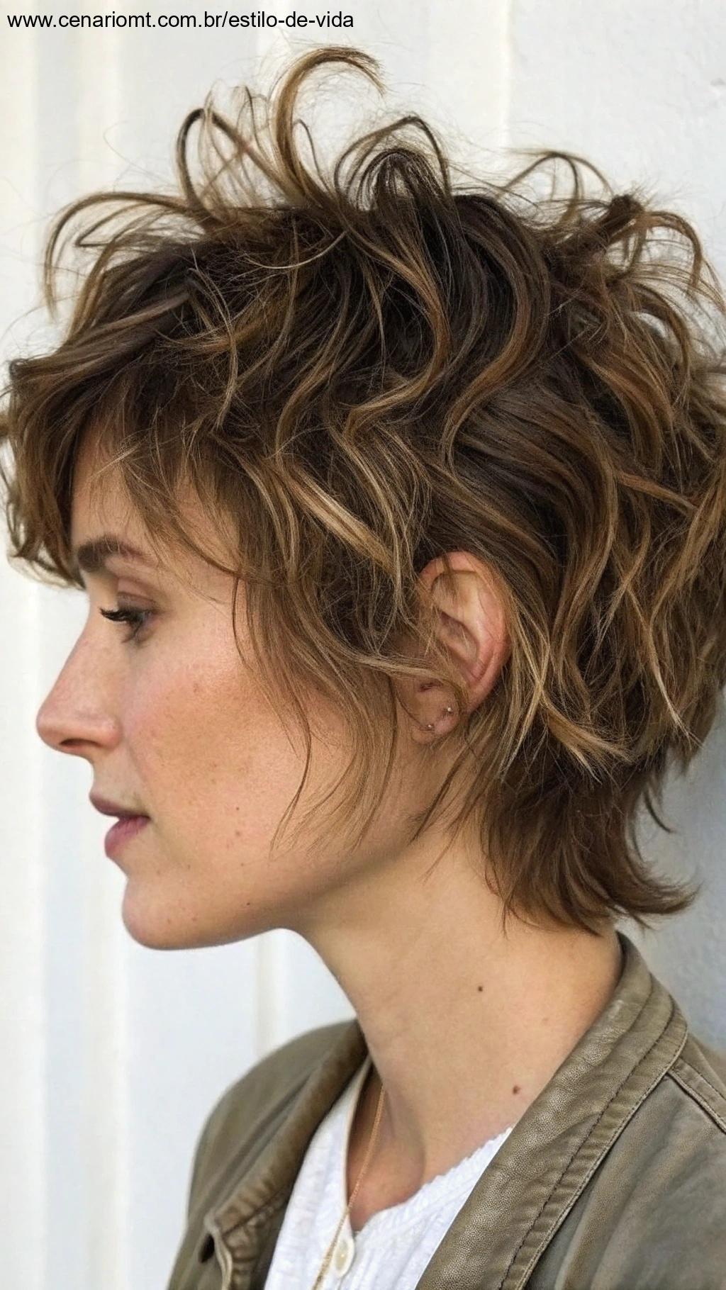 Corte de cabelo shaggy curto, com camadas despojadas.