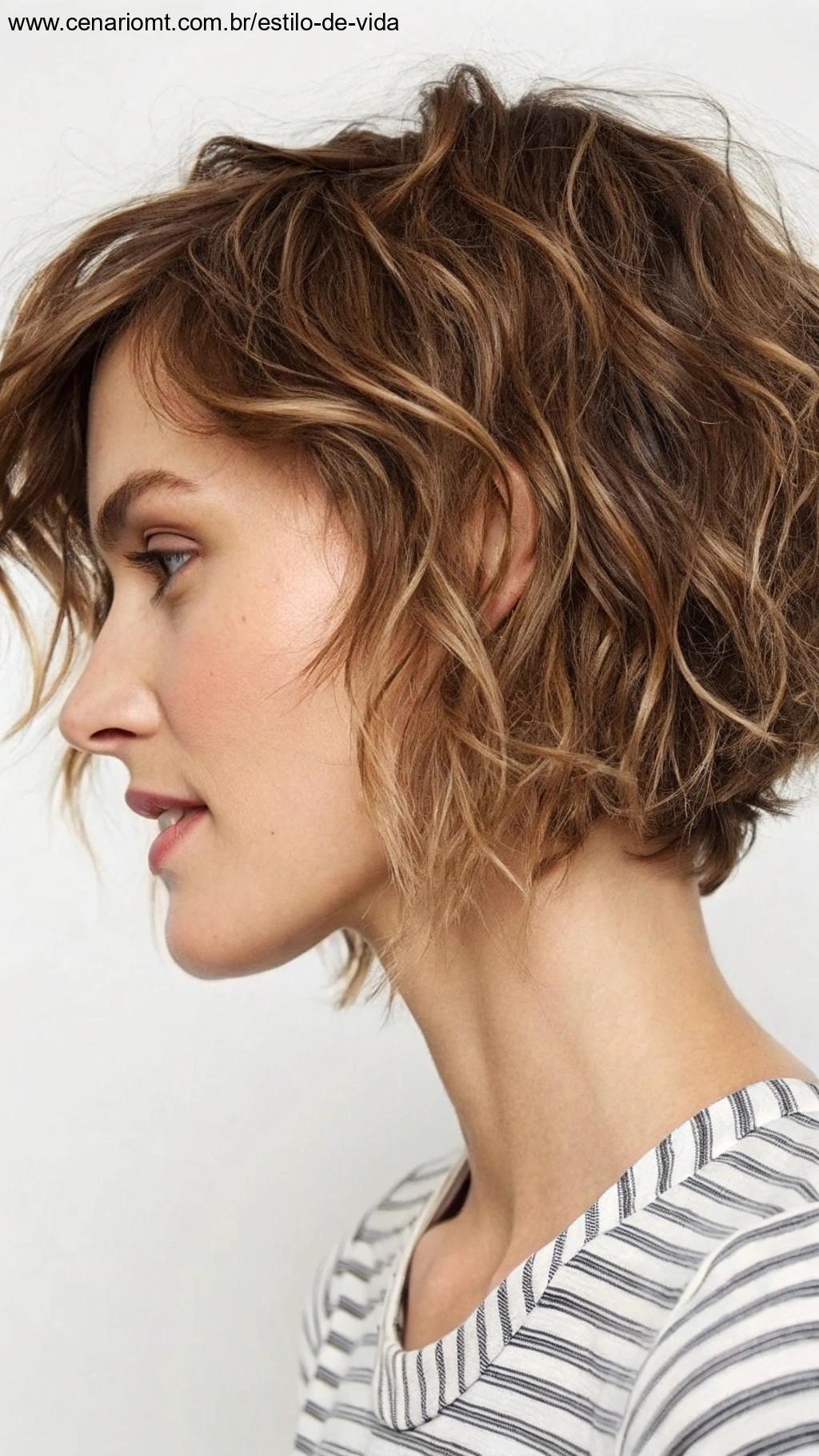 Cabelo curto com textura, criando volume e movimento.