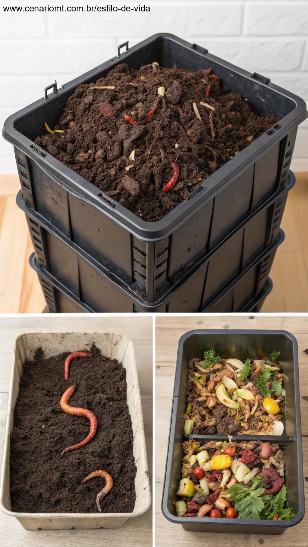 Diferentes tipos de composteira para casa, incluindo vermicompostagem e bokashi.