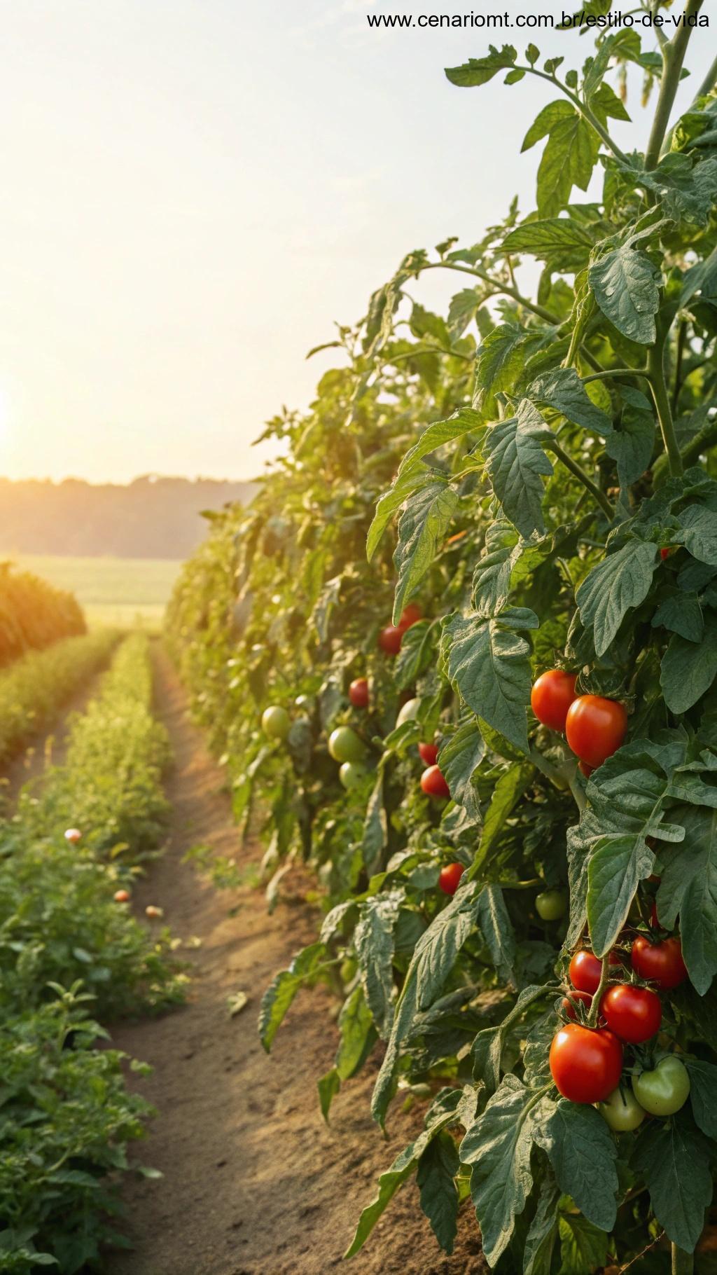 Tomates crescendo no verão em um jardim ensolarado