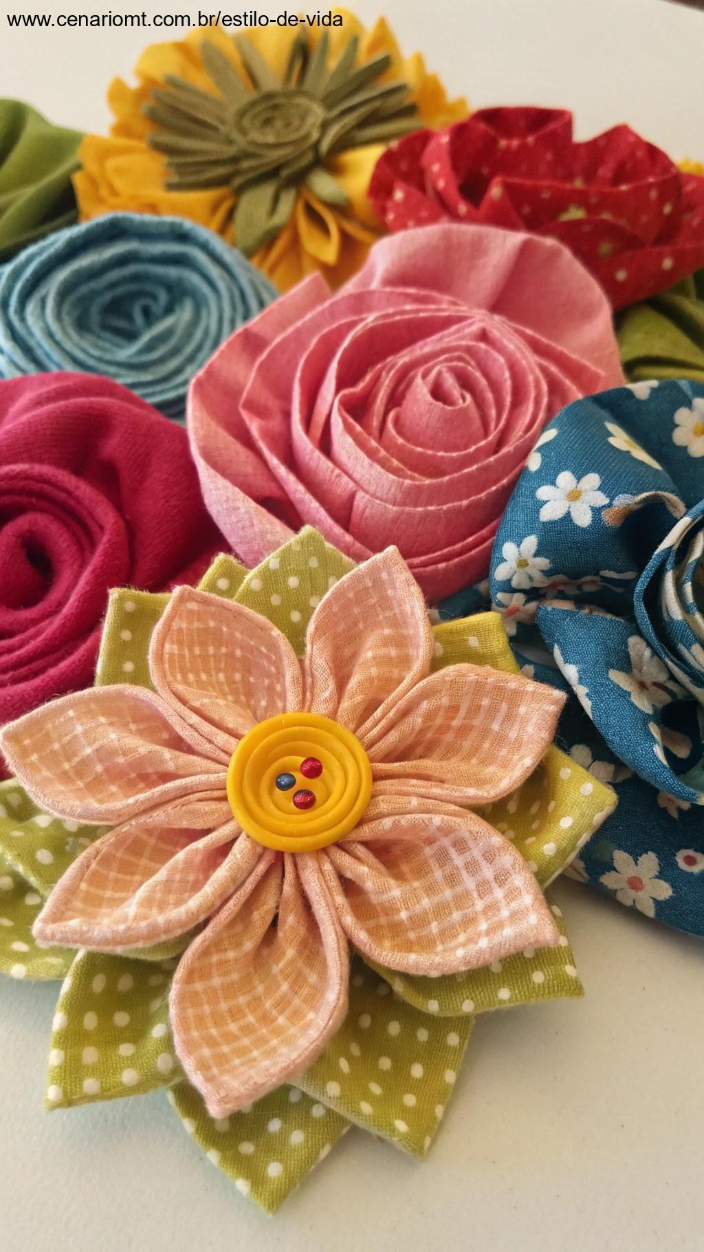 Flores feitas com tecidos reaproveitados em diferentes formas e cores.