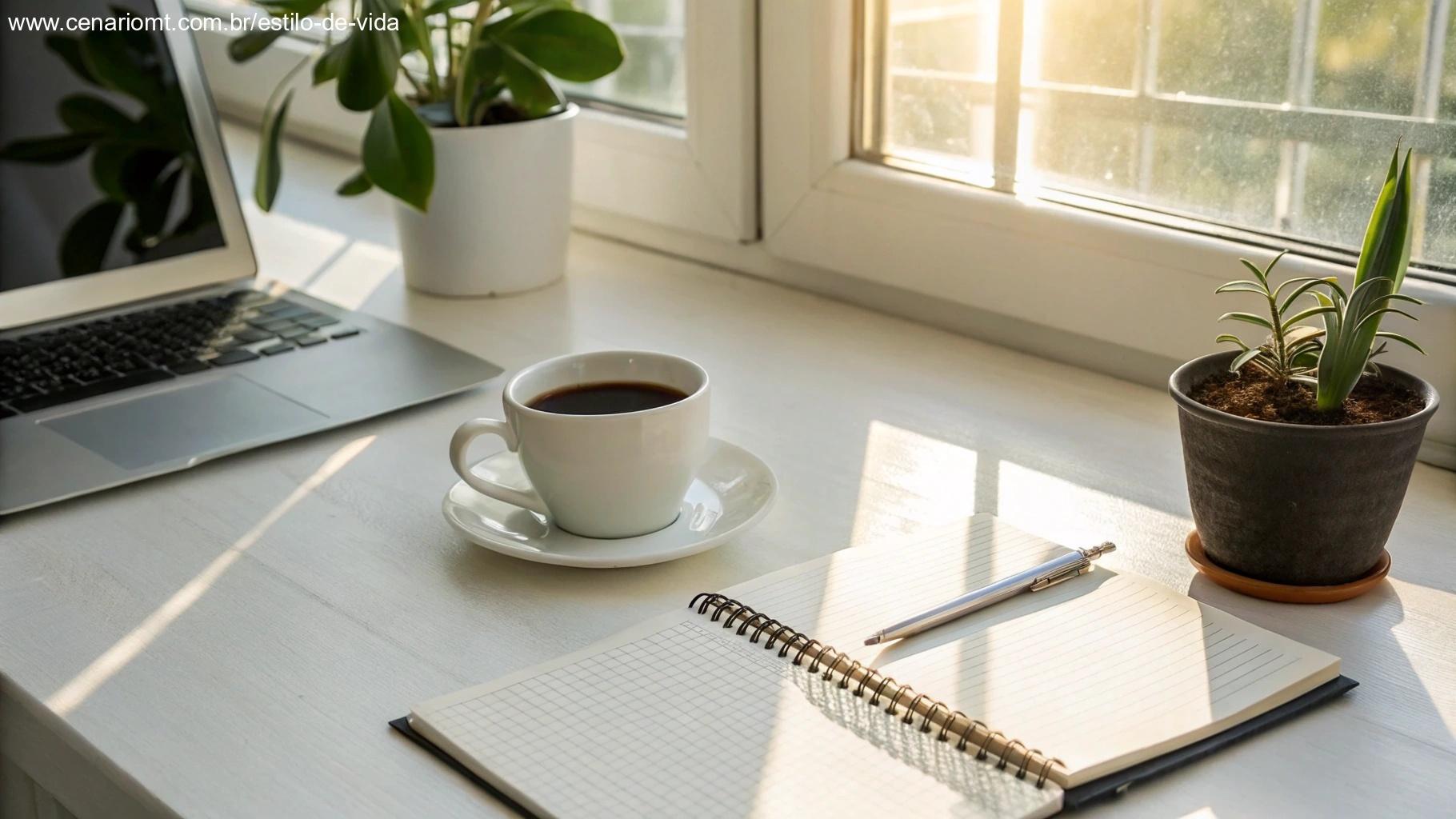 Espaço de trabalho organizado com um caderno, uma xícara de café e uma planta, com luz matinal entrando pela janela