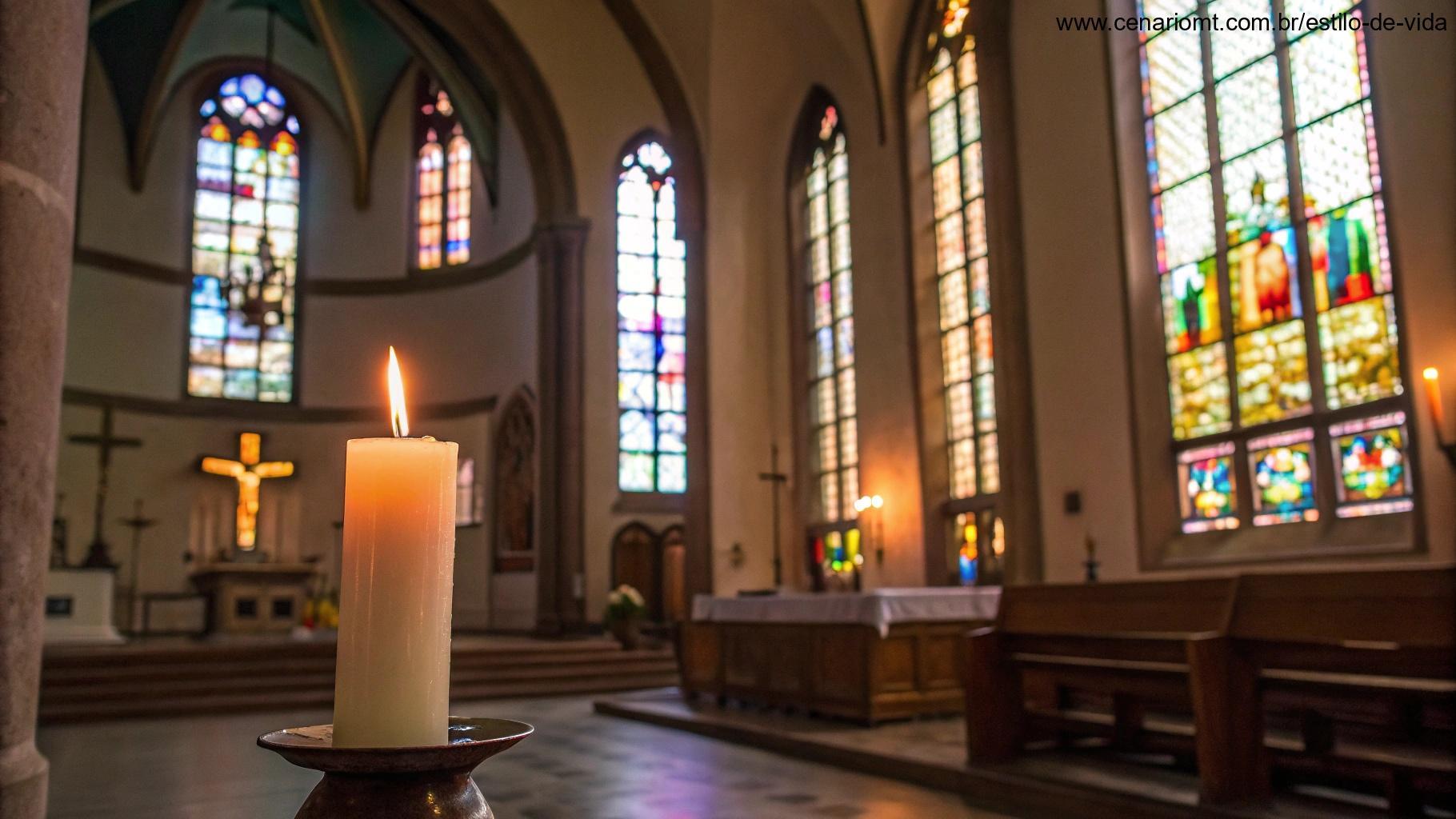 Uma igreja serena com vitrais lançando luz colorida no interior. Uma vela tremula no primeiro plano, simbolizando fé e esperança.