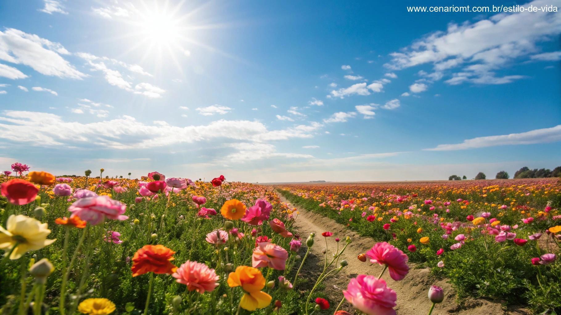 Campo vibrante de flores coloridas sob um céu azul claro com raios de sol.