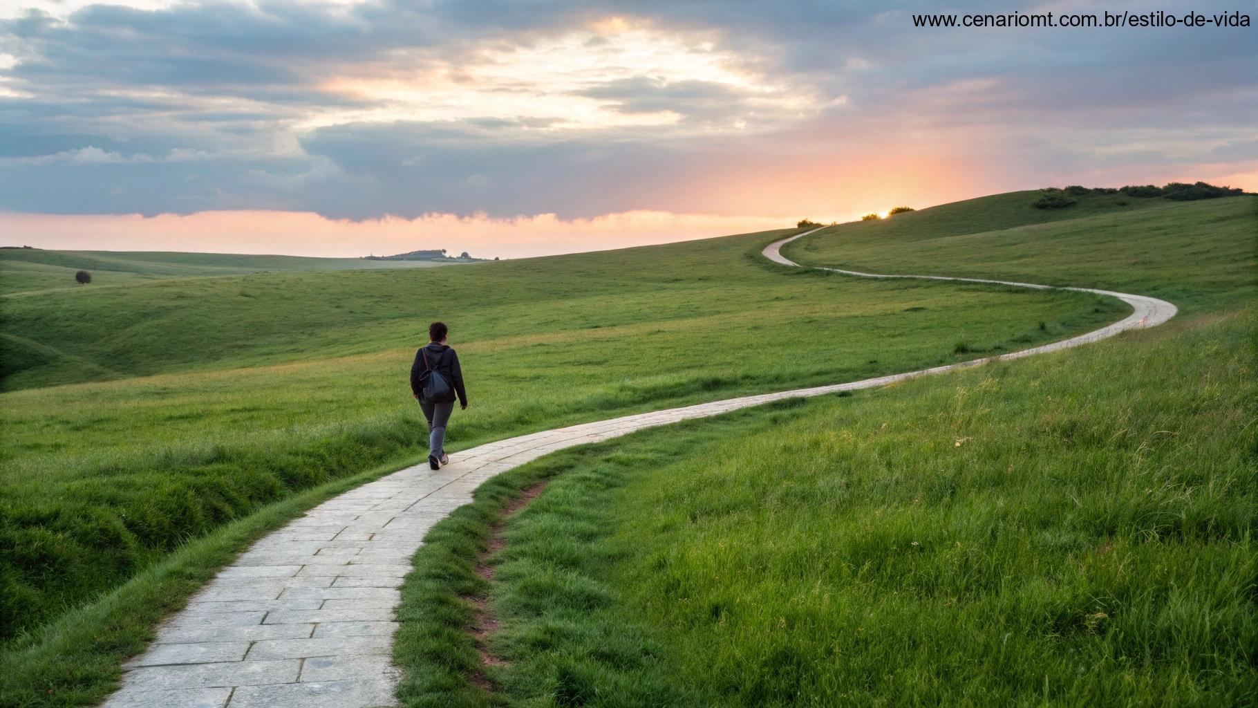 Caminho sinuoso por um campo verde com uma pessoa caminhando em oração.
