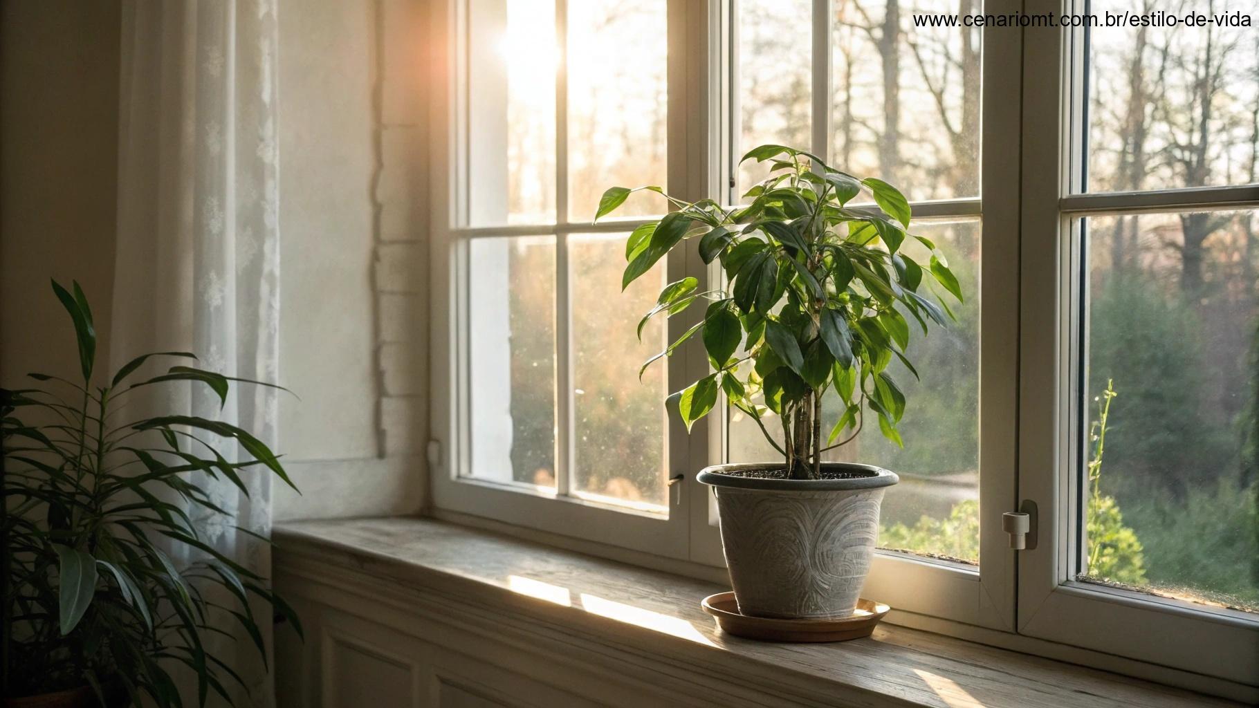 Uma segunda-feira tranquila e abençoada com luz do sol entrando pela janela, uma planta na janela, e uma vibração positiva e serena