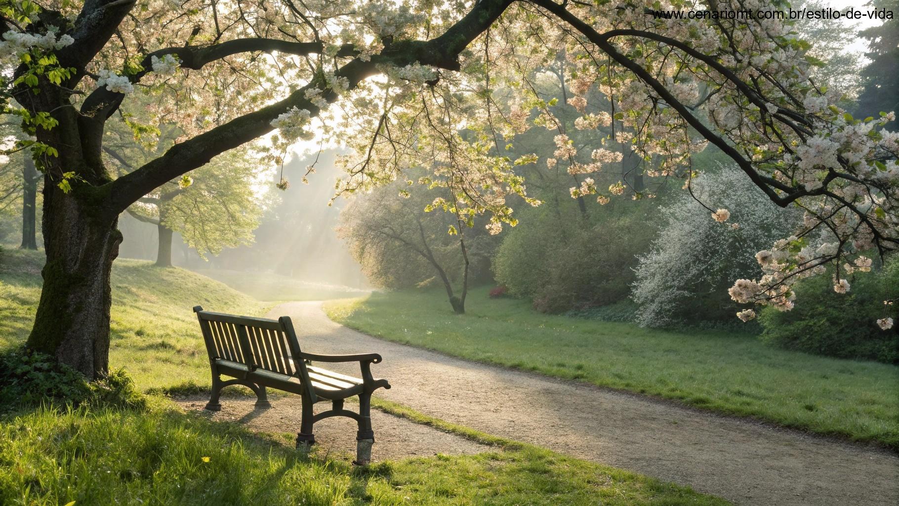 Cena tranquila de um parque com um banco de madeira sob uma árvore florida, luz suave do sol filtrando pelas folhas, criando uma atmosfera pacífica e cheia de esperança.