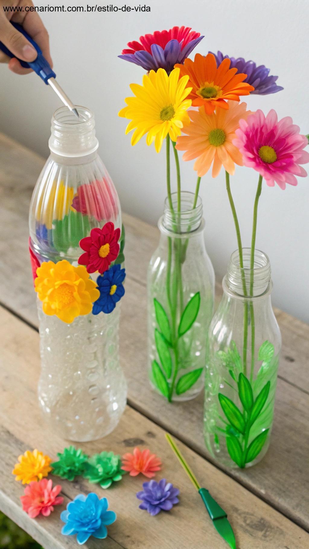 Garrafas PET transformadas em flores coloridas e vibrantes.