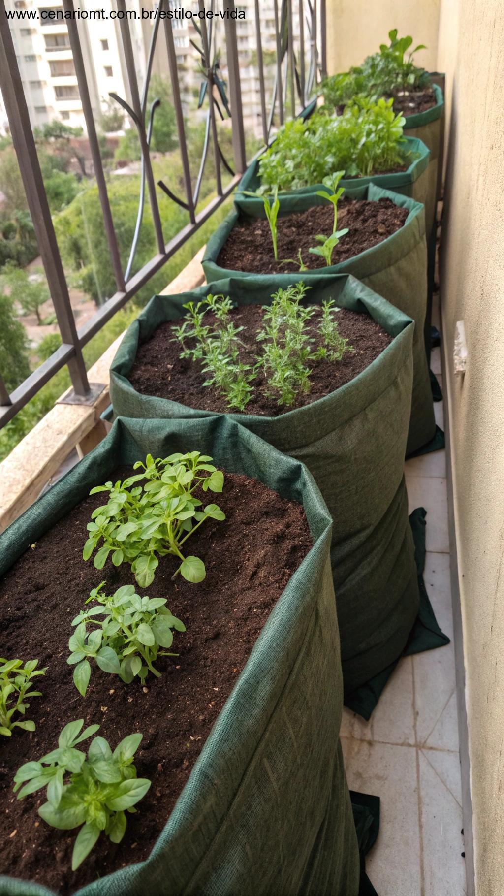 Sacos de cultivo usados para plantar temperos na varanda.
