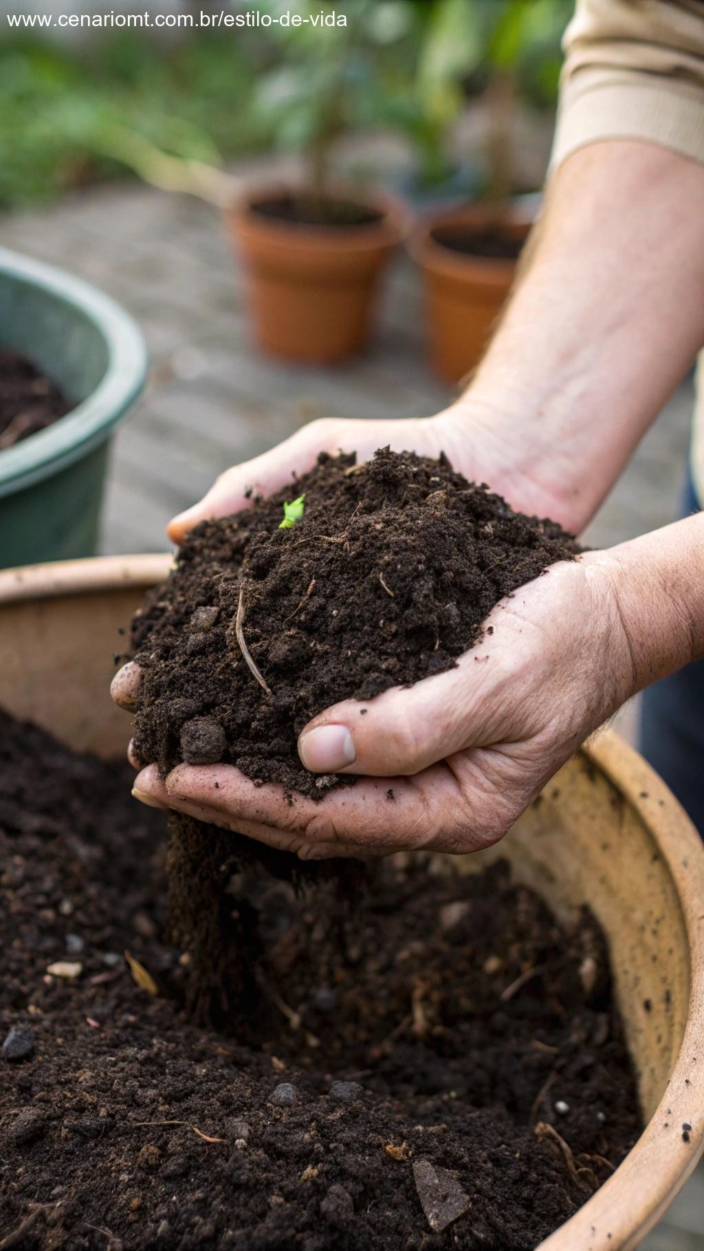 Mãos segurando terra orgânica escura e rica em nutrientes.