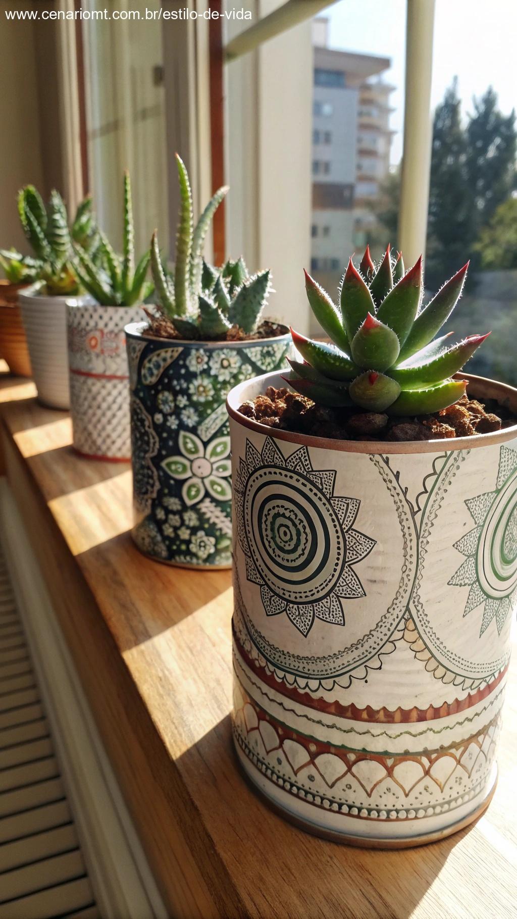 Vasos para suculentas feitos de latas recicladas com pintura decorativa.