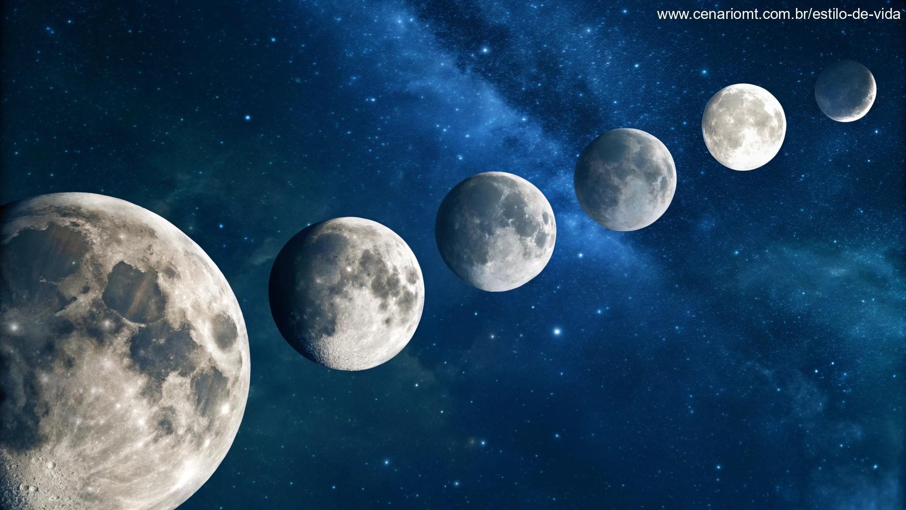 Datas do ciclo lunar com representação artística das fases da Lua.
