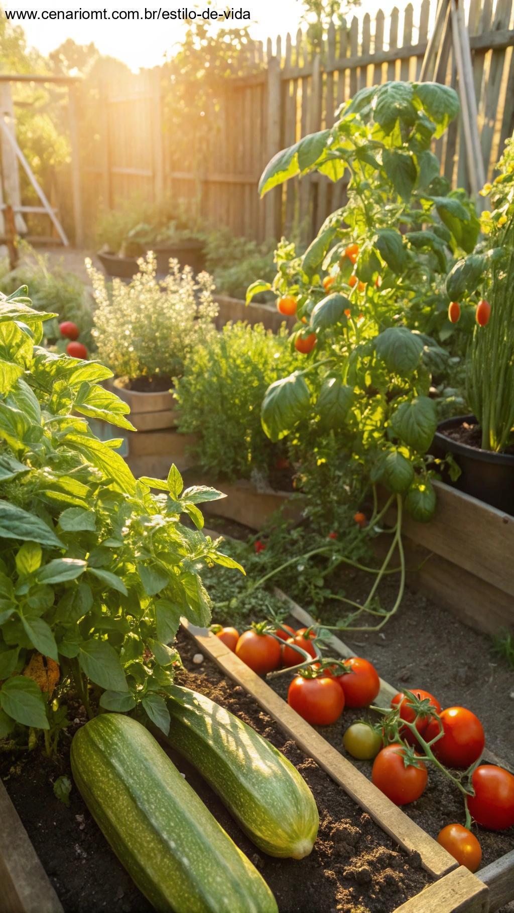 Jardim ensolarado com vegetais e ervas típicos do verão