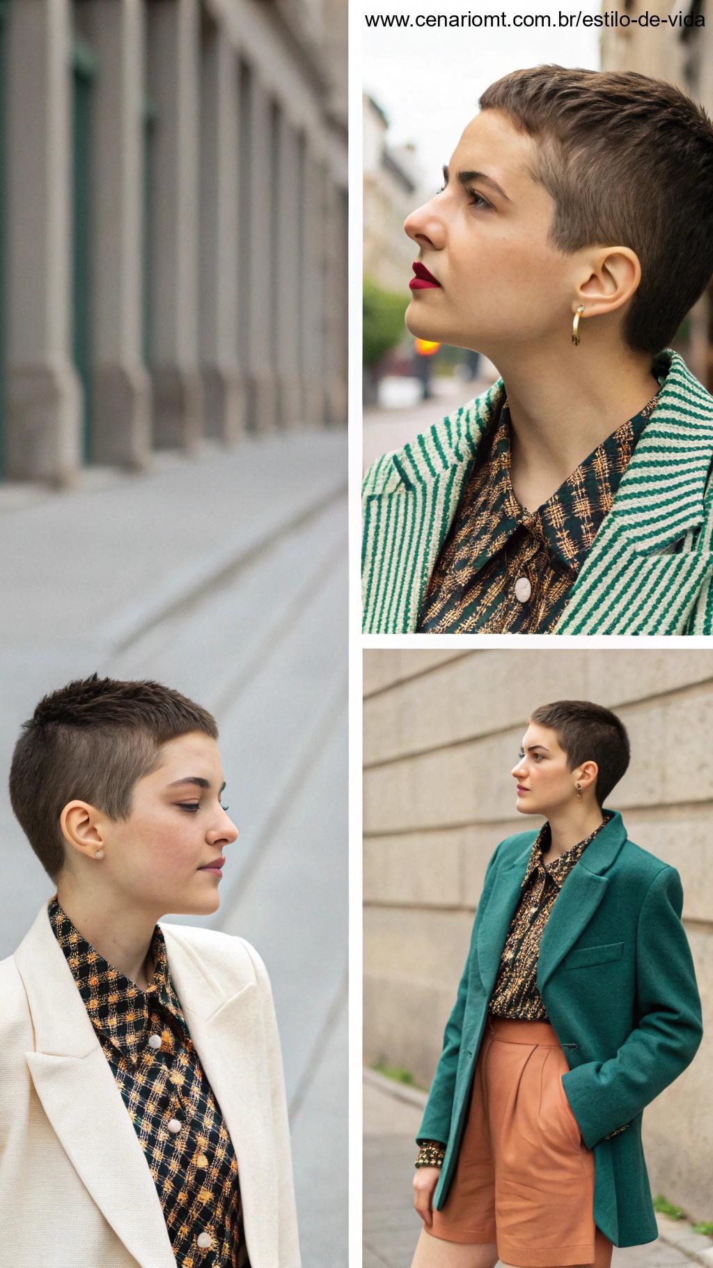Versatilidade de estilo, uma pessoa com cabelo curto vestindo diferentes roupas fashions para diversas ocasiões, mostrando como um corte curto pode ser versátil.