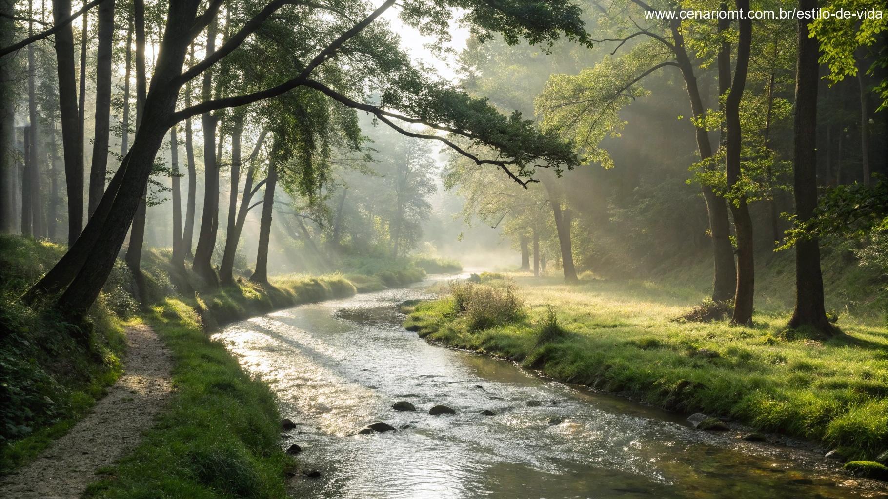 Riacho fluindo por uma floresta com luz suave filtrando pelas árvores.