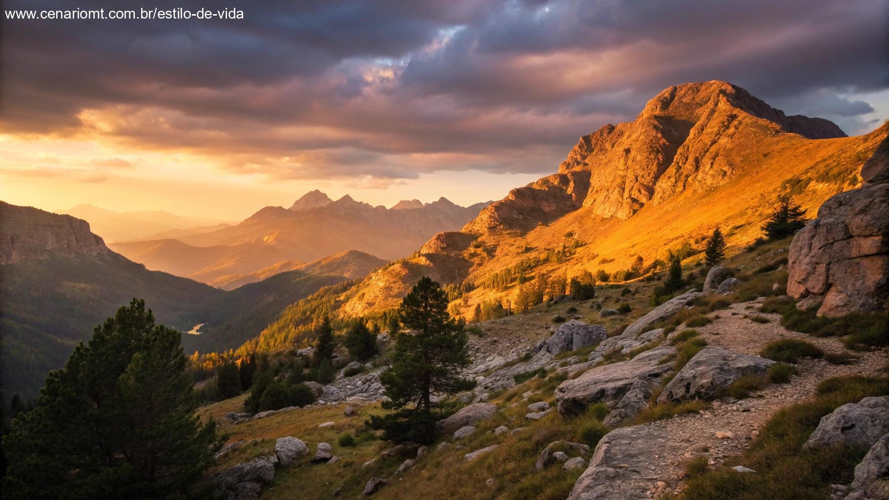Paisagem montanhosa serena ao pôr do sol com luz dourada iluminando o terreno.