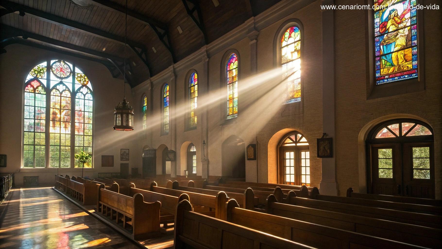 Interior tranquilo de uma igreja com luz suave entrando pelas janelas de vidro colorido, iluminando os bancos.