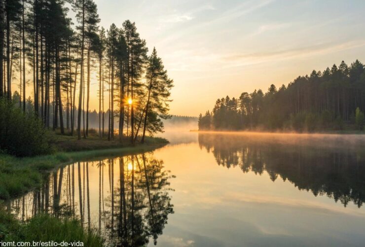 Nascer do sol sereno sobre um lago calmo com luz suave filtrando através de árvores altas