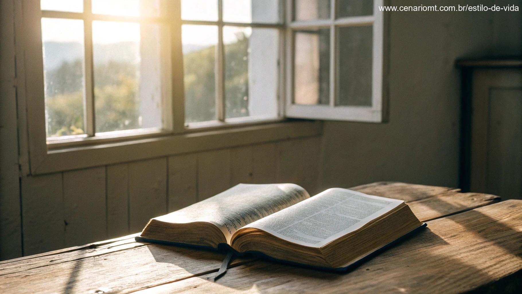 Cena pacífica e reflexiva de uma Bíblia aberta com luz solar brilhando, lançando um brilho quente, simbolizando a aplicação do versículo do dia na vida.