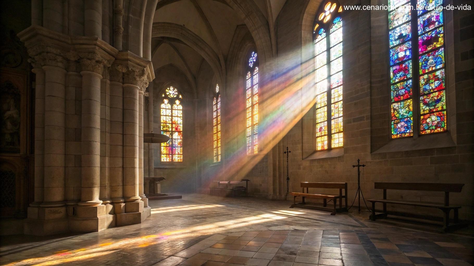Interior pacífico de uma igreja com a luz do sol filtrando pelas janelas de vidro colorido, projetando luz colorida no chão de pedra, criando uma sensação de calma e devoção espiritual.